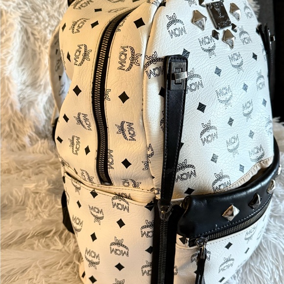 MCM Monogrammed Backpack in White and Black with Studs - Picture 4 of 11